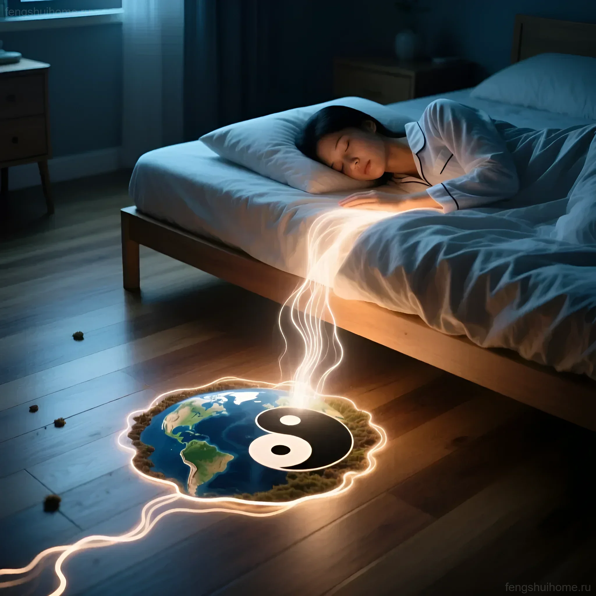Illustration für einen Artikel über Feng Shui: schlafende Frau und energetische Verbindung zur Erde, die den Qi-Fluss und den Einfluss des Bodens auf den Schlaf symbolisiert.