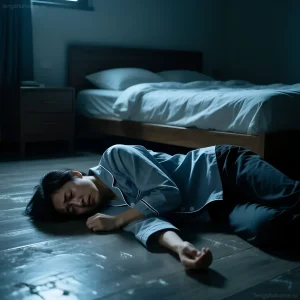 Фотография мужчины, спящего на полу в спальне, символизирует энергетический дисбаланс и негативные последствия сна вне кровати согласно феншуй.