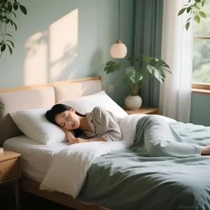 Спокойная фотография спящей женщины в светлой спальне, иллюстрирующая важность правильного положения для сна с точки зрения феншуй и энергетического баланса.