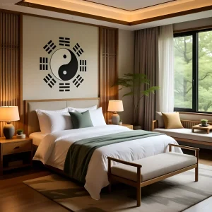 Современная спальня, оформленная в соответствии с принципами феншуй. Символ Инь-Ян над кроватью подчеркивает баланс энергий для здорового сна.