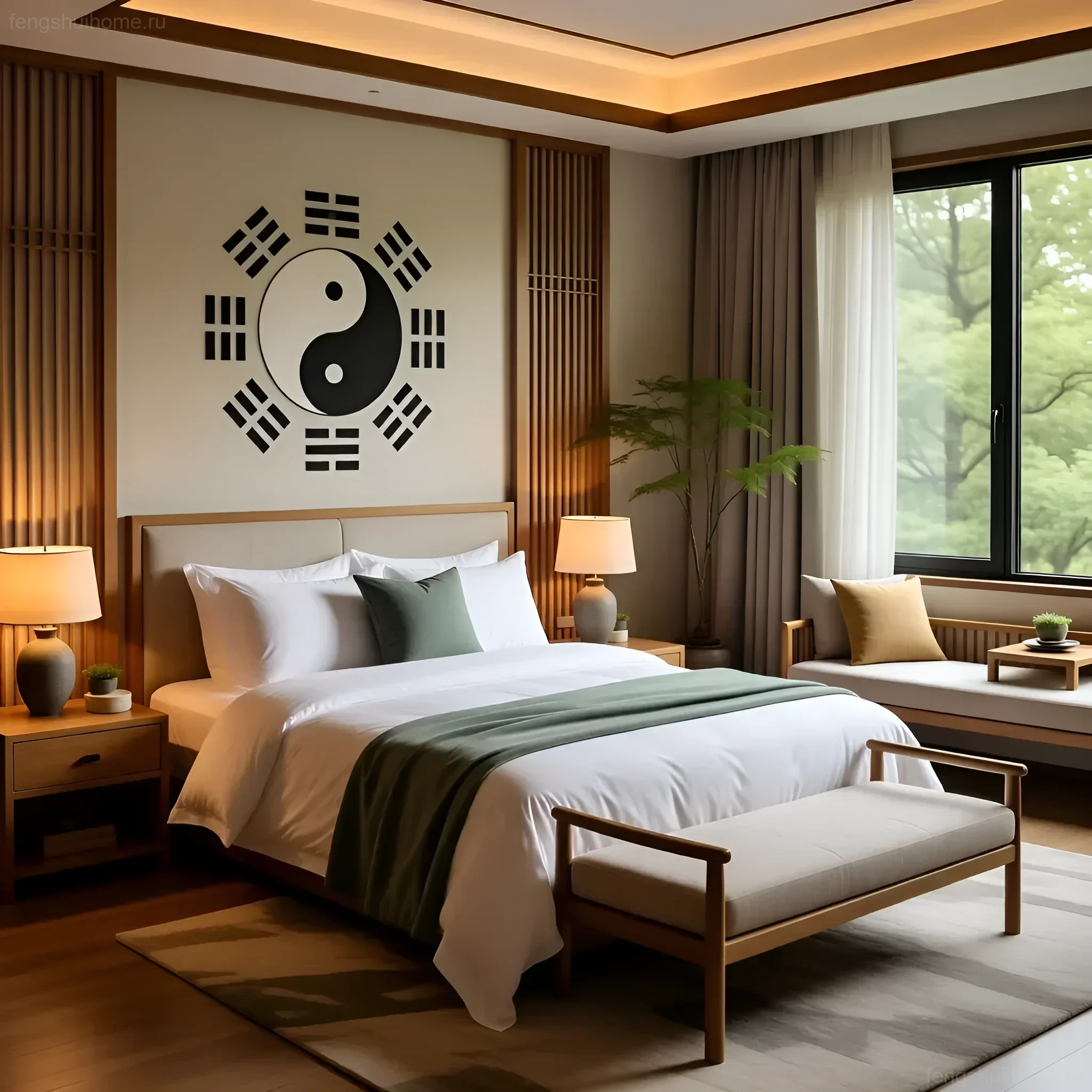 Modernes Schlafzimmer, gestaltet nach Feng Shui-Prinzipien. Das Yin-Yang-Symbol über dem Bett betont die Energiebalance für gesunden Schlaf.