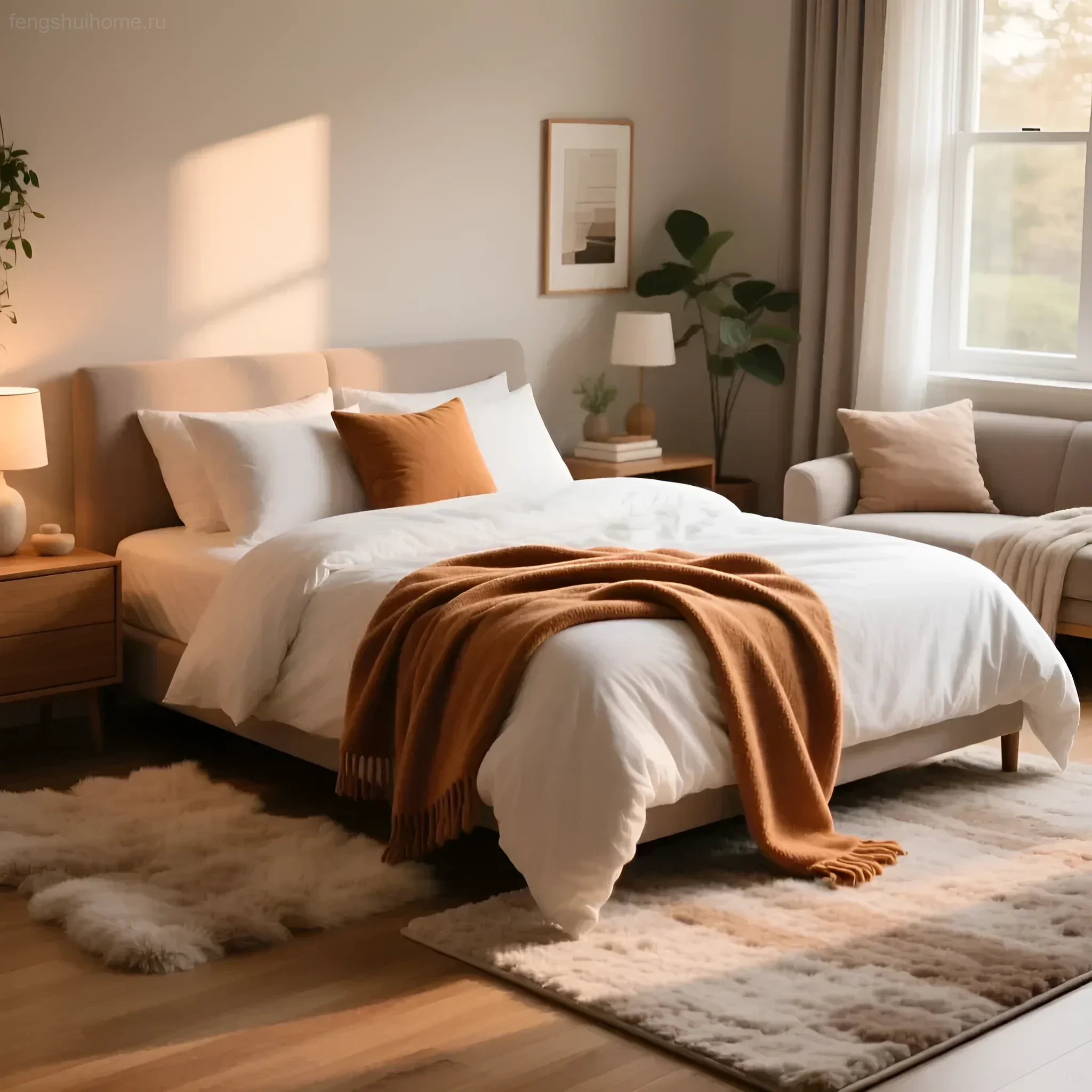 Foto eines hellen Schlafzimmers mit einem Bett, das mit weißer Bettwäsche und einer Terrakotta-Decke bezogen ist. Ein idealer Raum zur Entspannung und Energieerholung.