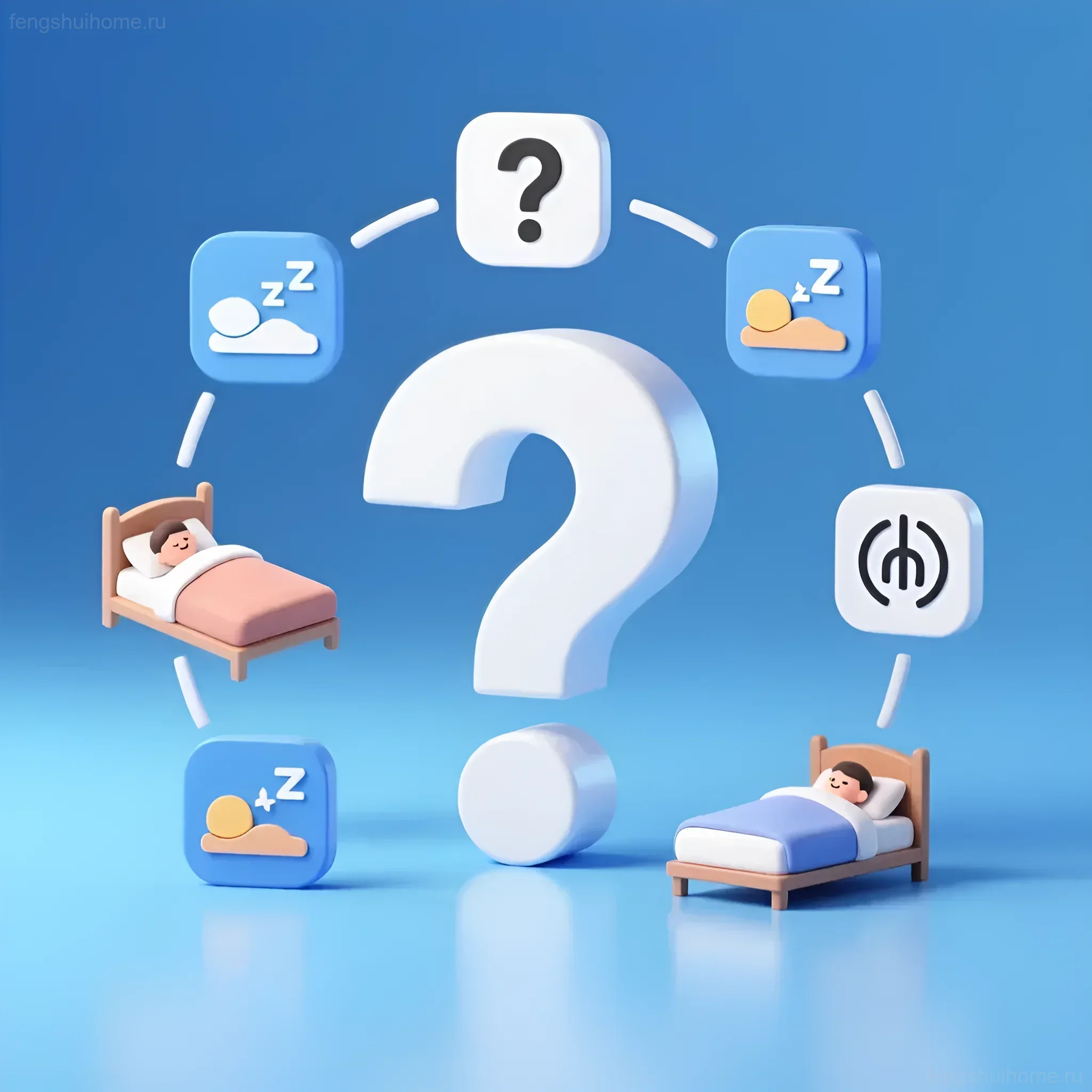 Illustration, die Fragen zum Einfluss des Schlafens auf dem Boden auf die menschliche Energetik gemäß Feng Shui-Prinzipien symbolisiert. Betten und schlafende Menschen sind abgebildet.