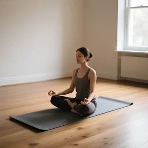 Фотография женщины, медитирующей в позе лотоса на коврике в светлой комнате. Иллюстрация к статье о феншуй и сне.