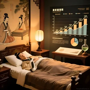 Иллюстрация, сочетающая традиционный китайский интерьер и современный дизайн, демонстрирует женщину, спящую в кровати, окруженную символами феншуй и графиками.