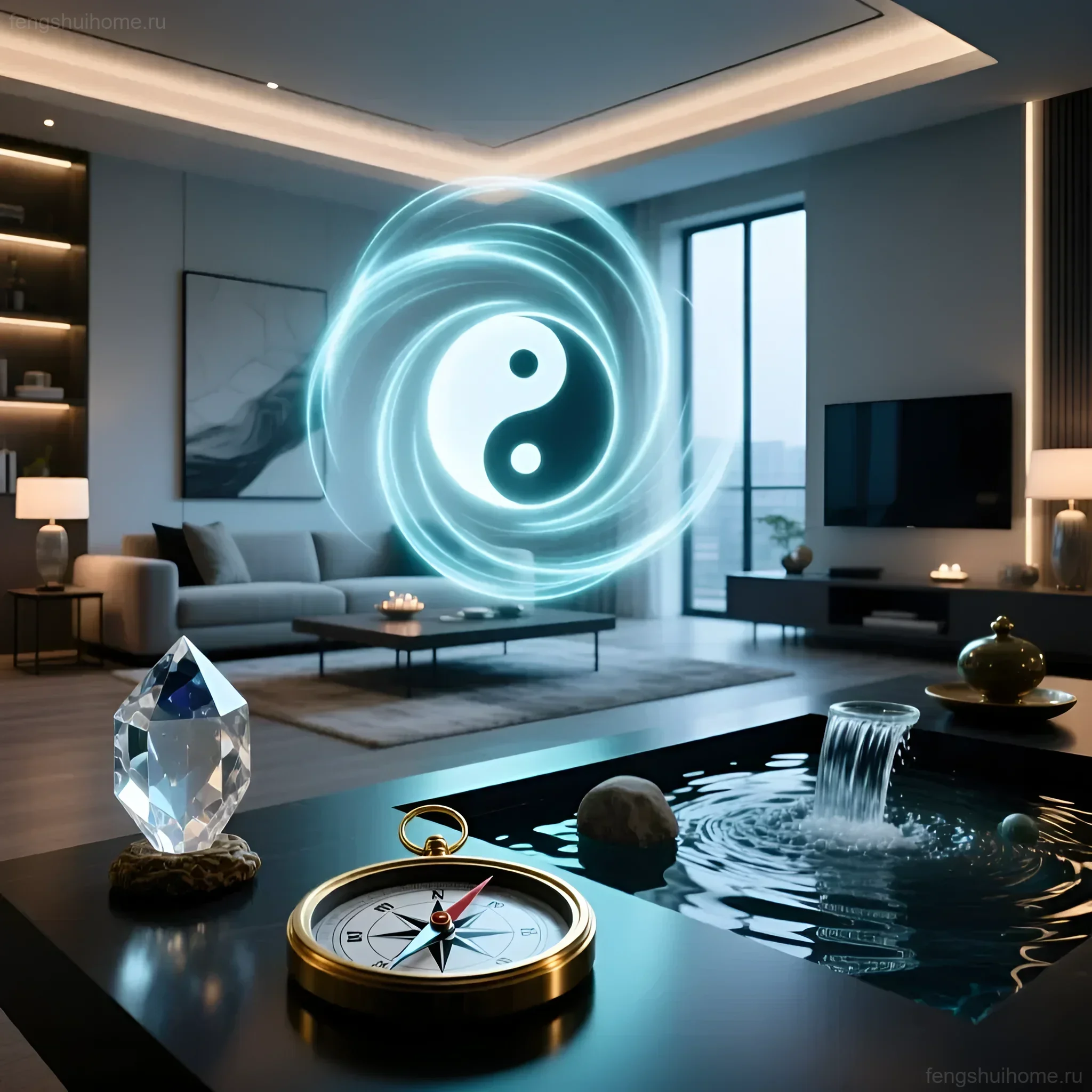 Изображение демонстрирует символы феншуй – компас Лопань, кристалл и символ Инь-Ян, в современной гостиной, иллюстрируя концепцию энергетической гармонии.