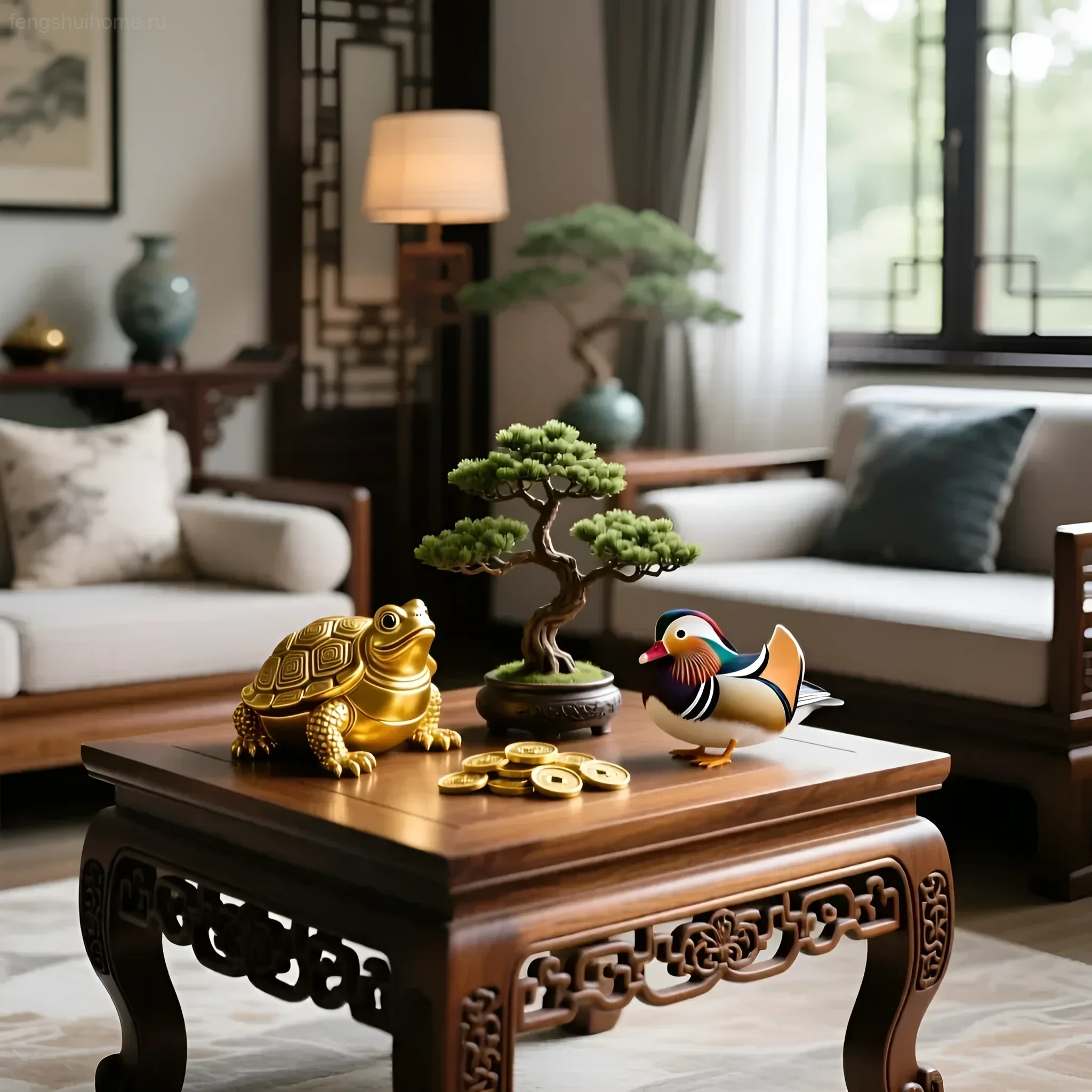 Изображение талисманов феншуй: золотая черепаха, бонсай и мандаринка на деревянном столике, символизирующих долголетие, любовь и процветание.