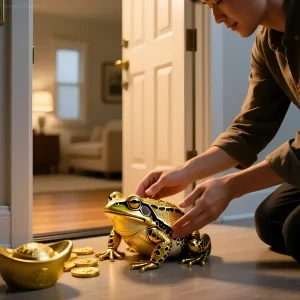Фотография золотой статуэтки лягушки феншуй, окруженной монетами, которую трогает человек. Символ процветания и финансовой удачи в интерьере.