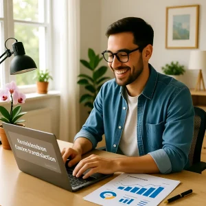 Фотография улыбающегося мужчины, работающего за ноутбуком дома. Иллюстрация к статье о феншуй талисманах и признаках удачи в работе.