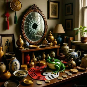 Изображение демонстрирует композицию из талисманов феншуй: жаба, монеты, багуа и зеркало. Подчеркивает важность правильного расположения для привлечения благополучия.