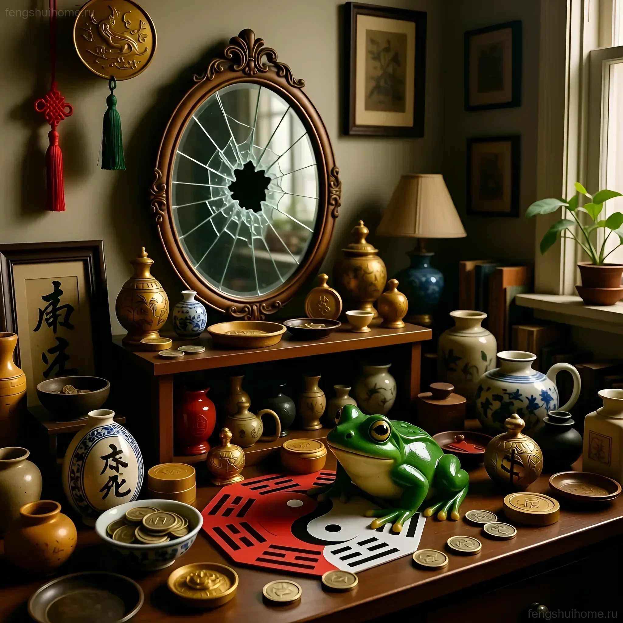Изображение демонстрирует композицию из талисманов феншуй: жаба, монеты, багуа и зеркало. Подчеркивает важность правильного расположения для привлечения благополучия.