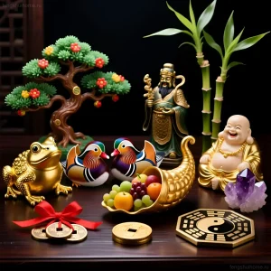 Фотография композиции из талисманов феншуй: лягушка, мандаринки, рог изобилия, монеты и другие символы удачи. Идеально для статьи о феншуй.