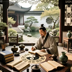 Изображение мудрого практика феншуй, изучающего древние тексты и символы И-Цзин в традиционном китайском интерьере. Символизирует поиск удачи.