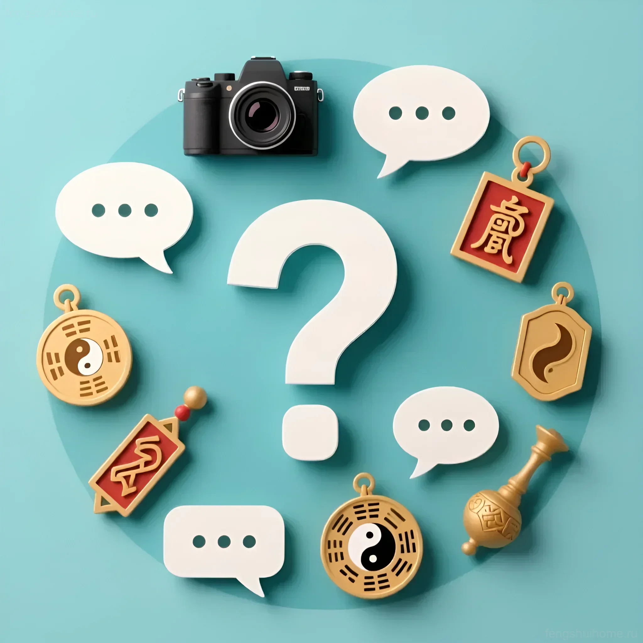 Сюрреалистичная композиция с талисманами феншуй и фотокамерой, символизирующая поиск доказательств их работы и влияния на удачу.