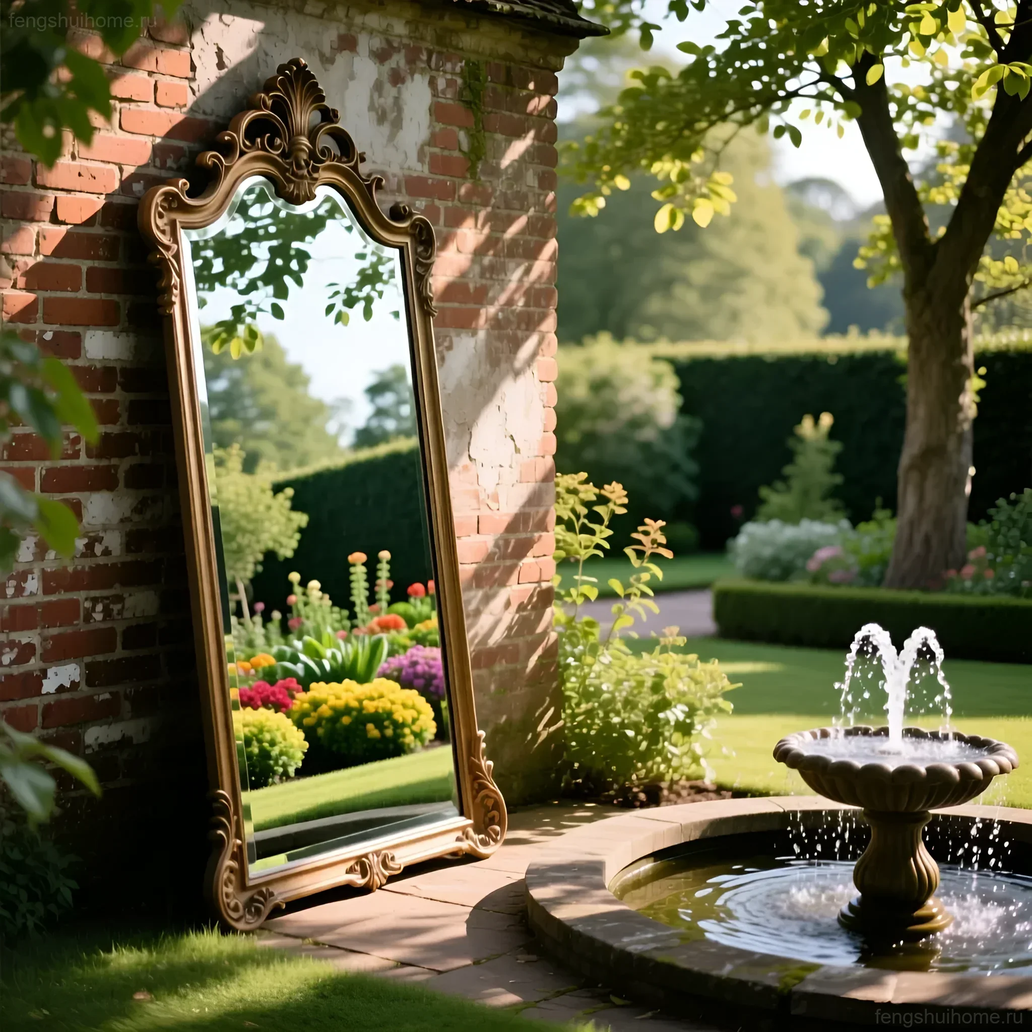 एक विंटेज-शैली का सुरुचिपूर्ण दर्पण, बगीचे में स्थापित, गहराई का प्रभाव पैदा करता है और स्थान का विस्तार करता हुआ चमकीले फूलों के बिस्तरों और फव्वारे को दर्शाता है।