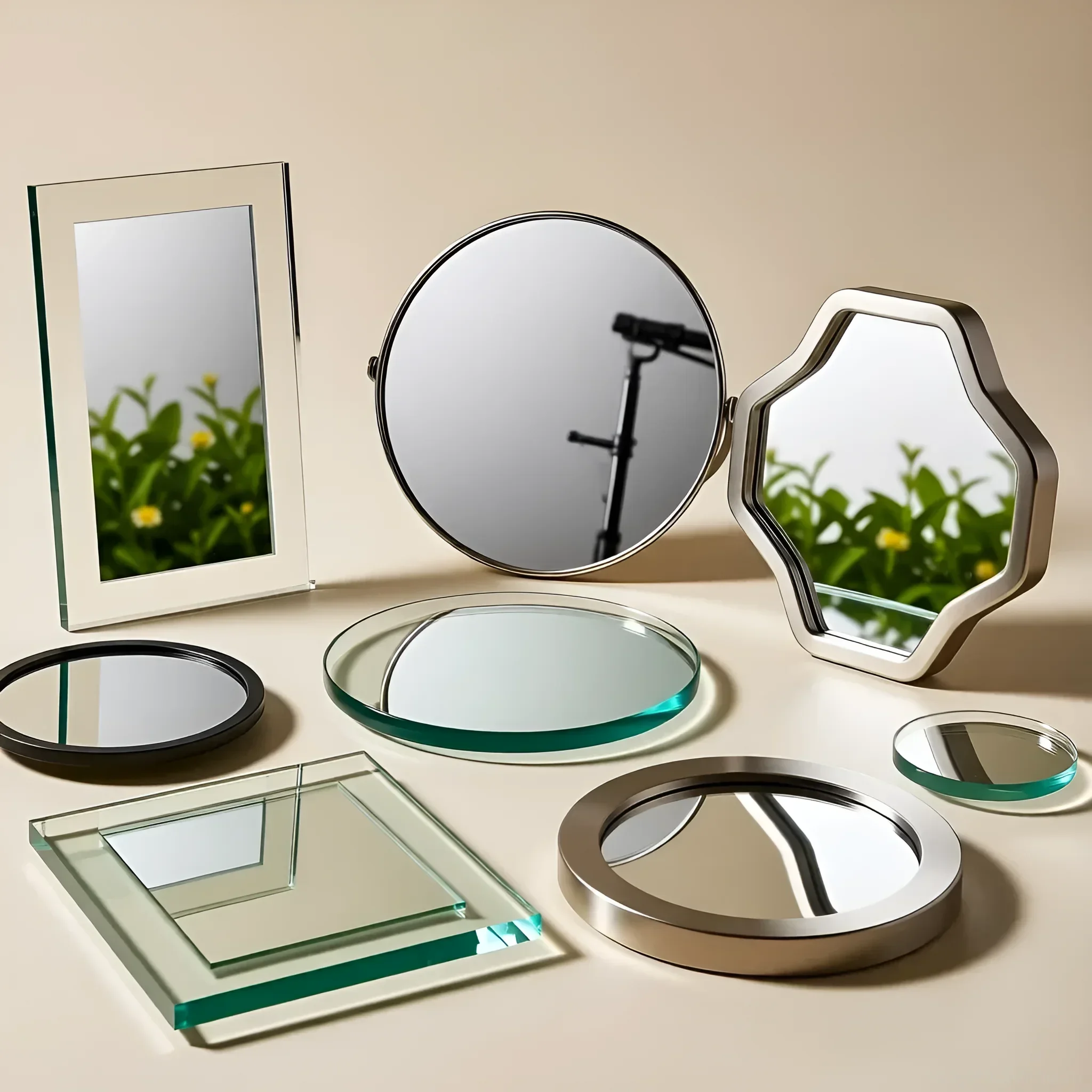 विभिन्न बगीचे के दर्पणों की संरचना: आयताकार, गोल, बहुभुज। हरियाली का प्रतिबिंब गहराई का भ्रम पैदा करता है और स्थान का विस्तार करता है।