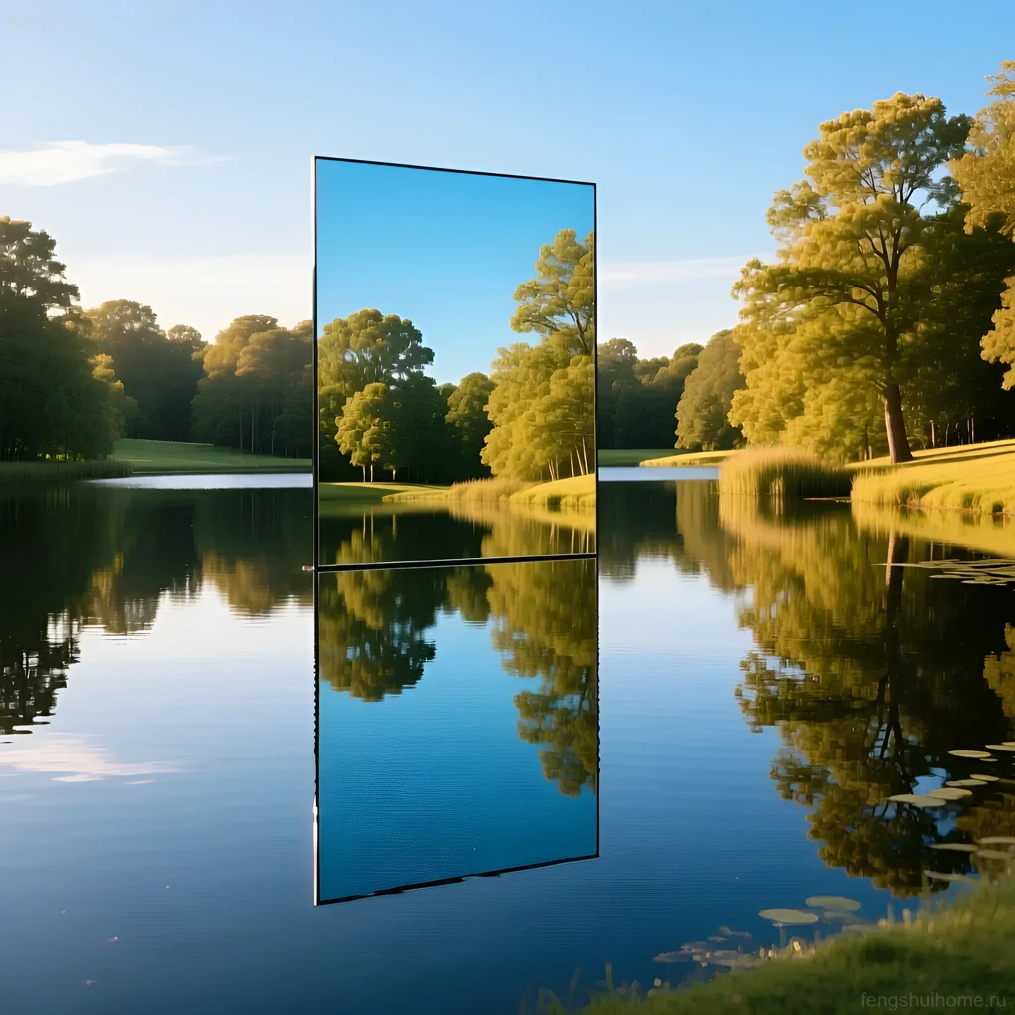 झील और पेड़ों के साथ परिदृश्य में एकीकृत एक दर्पण संरचना की तस्वीर, जो अनंत प्रतिबिंब और स्थान के विस्तार का प्रभाव पैदा करती है।