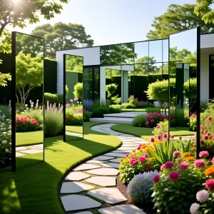 Современный ландшафтный дизайн с использованием зеркал, создающих эффект расширения пространства и отражения цветущего сада. Идеальное решение для небольших участков.