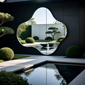Современный ландшафтный дизайн с использованием большого зеркала неправильной формы, отражающего японский сад с фонтаном и стрижеными деревьями.