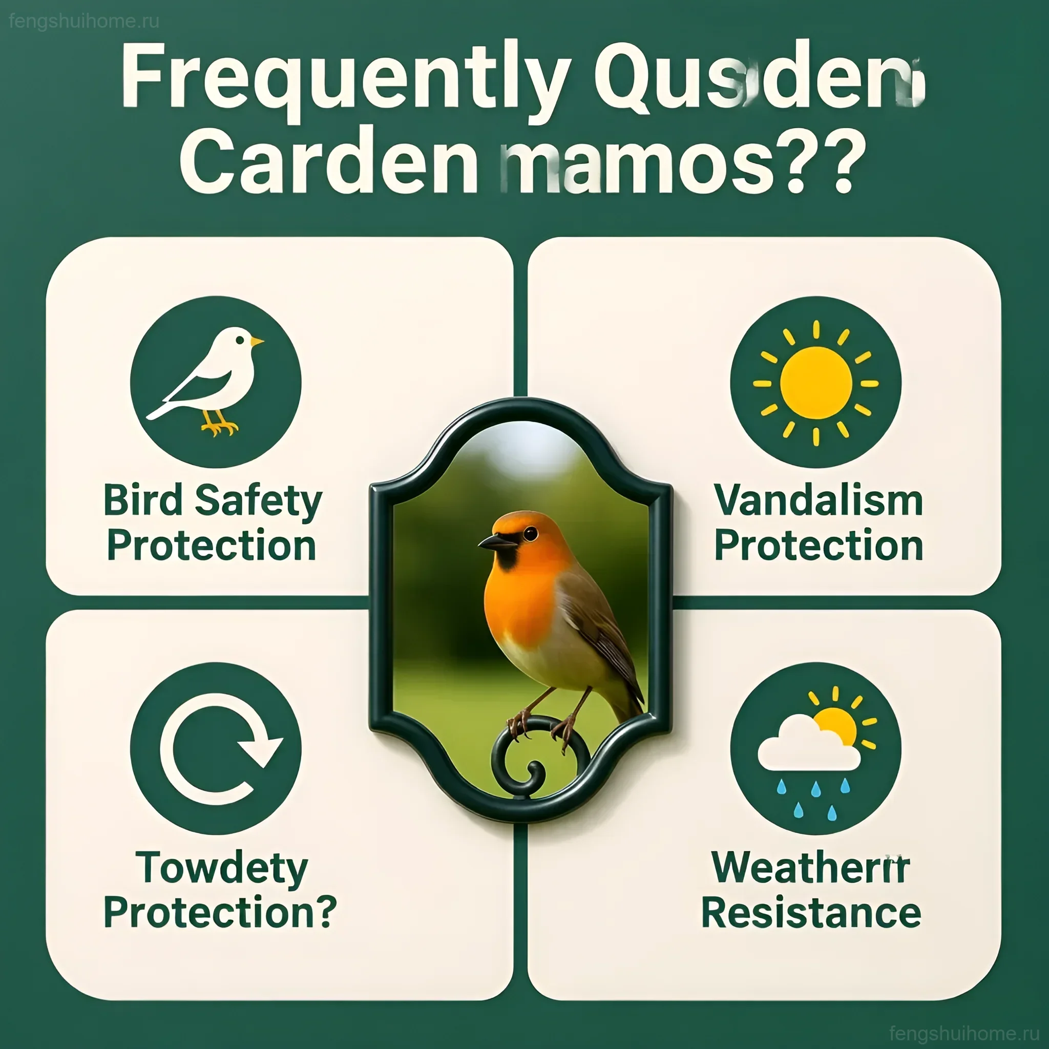 चित्रण: बगीचे में एक सजावटी दर्पण जिसमें एक बैठी हुई चिड़िया है, जो टकराव और बर्बरता से सुरक्षा प्रदर्शित करता है।