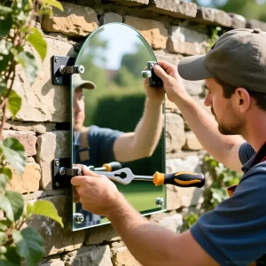 Фотография процесса установки полукруглого зеркала на каменную стену в саду. Иллюстрация для статьи о ландшафтном дизайне с зеркалами.