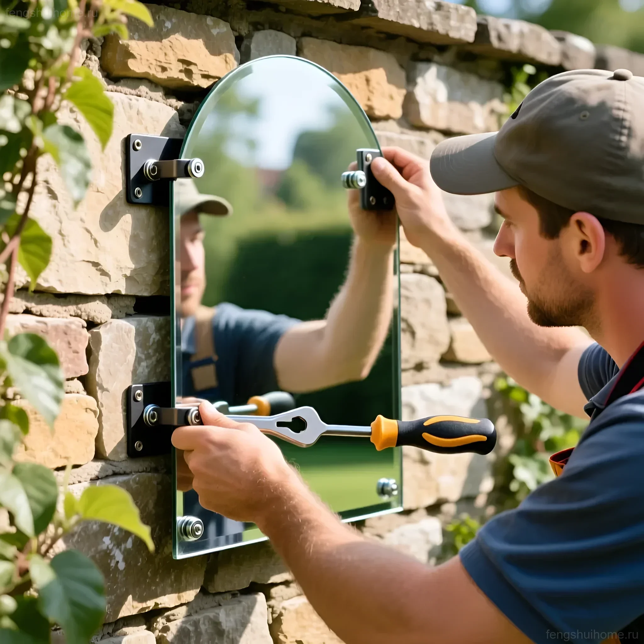 बगीचे में एक पत्थर की दीवार पर अर्ध-गोल दर्पण स्थापित करने की प्रक्रिया की तस्वीर। दर्पण के साथ लैंडस्केप डिजाइन पर लेख के लिए चित्रण।
