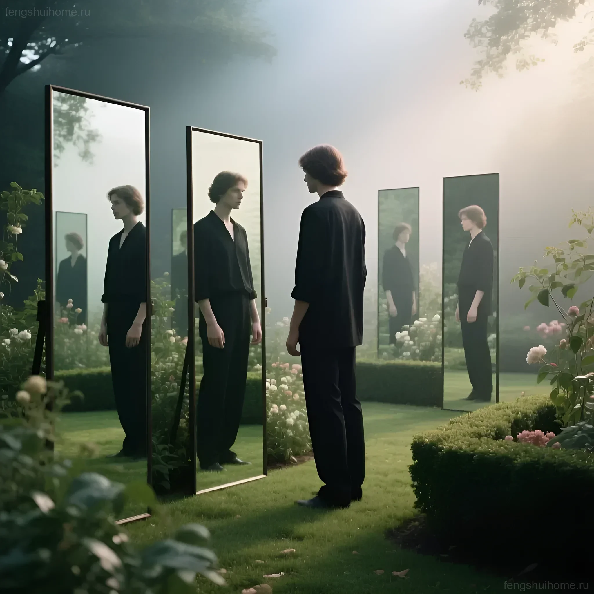 तस्वीर में स्थान को नेत्रहीन रूप से विस्तारित करने और अनंतता के अतियथार्थवादी प्रभाव को बनाने के लिए लैंडस्केप डिजाइन में दर्पण के उपयोग का प्रदर्शन किया गया है।