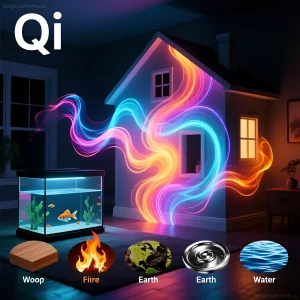 Иллюстрация потоков энергии Ци в доме с аквариумом, символизирующая влияние смерти рыбки на энергетику пространства.