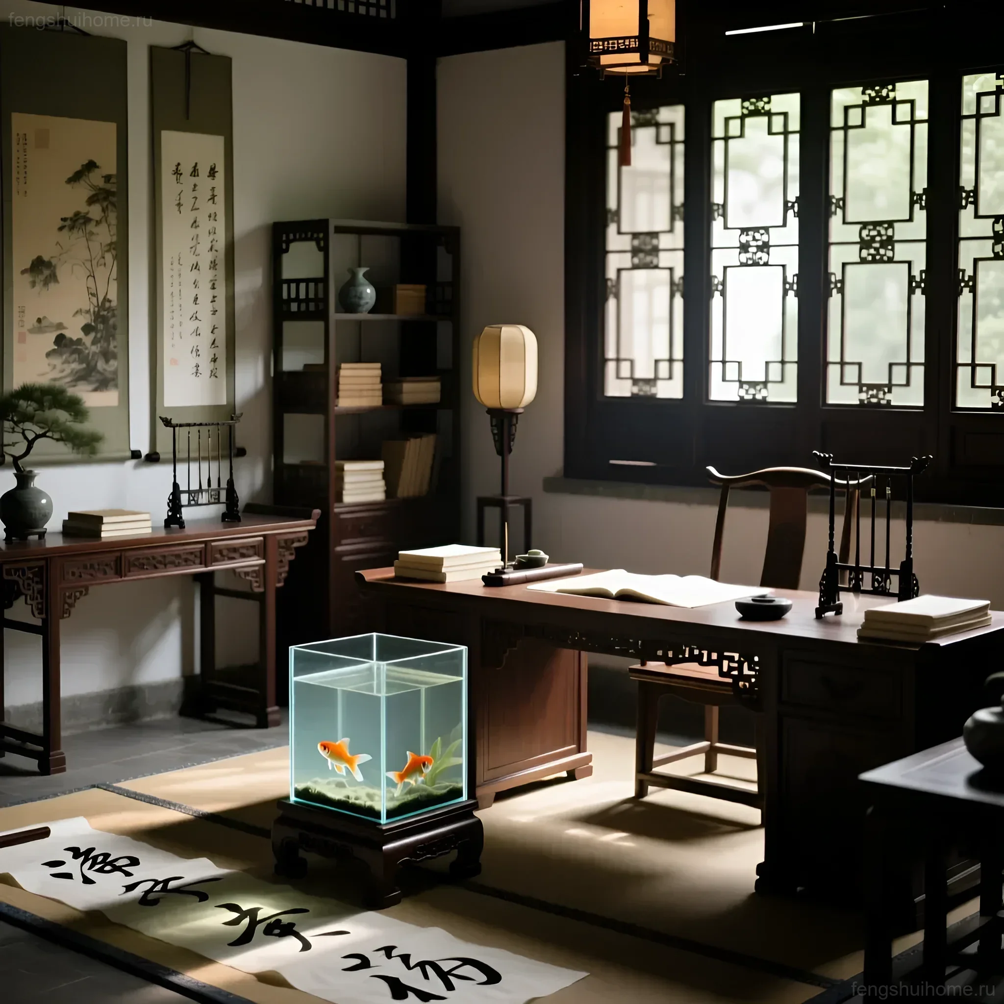 Традиционный китайский интерьер с аквариумом, где погибла золотая рыбка, символизирующий энергетические изменения в доме.