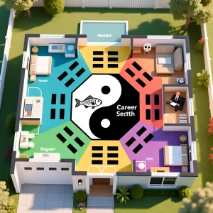 Схема квартиры с наложенной картой Багуа, акцент на секторе Карьеры и символическое изображение умершей рыбки в центре.