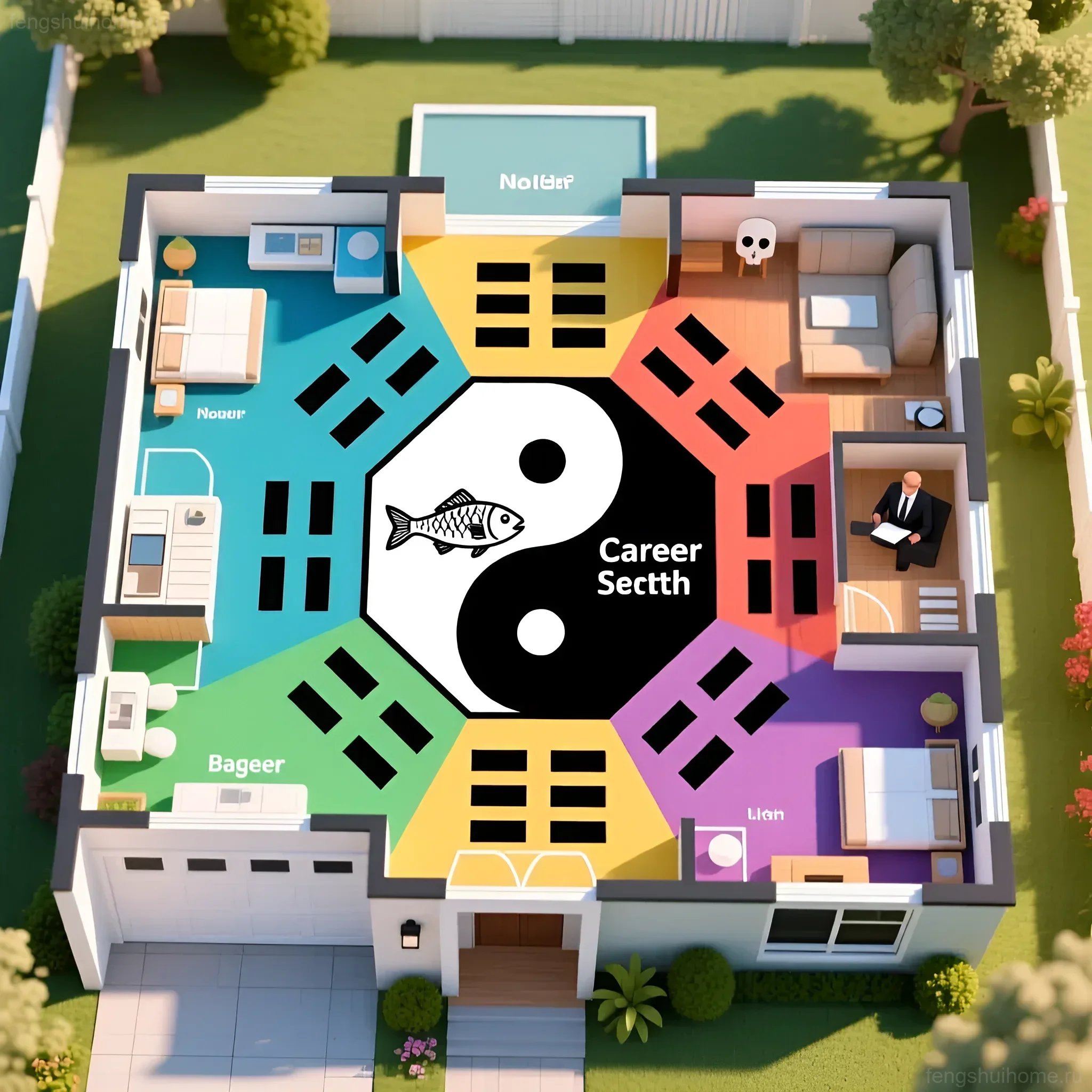 Схема квартиры с наложенной картой Багуа, акцент на секторе Карьеры и символическое изображение умершей рыбки в центре.