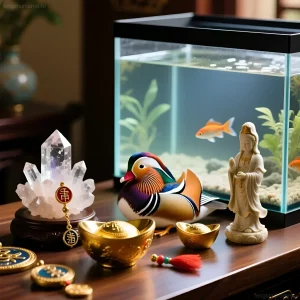 Аквариум с золотой рыбкой, фигурка мандаринки и кристалл на фоне темной мебели - символы восстановления энергии Ци после утраты.