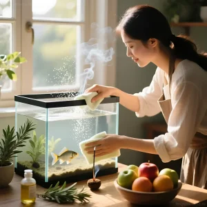 Женщина очищает аквариум с золотой рыбкой, используя благовония и фрукты для восстановления энергетического баланса в доме.
