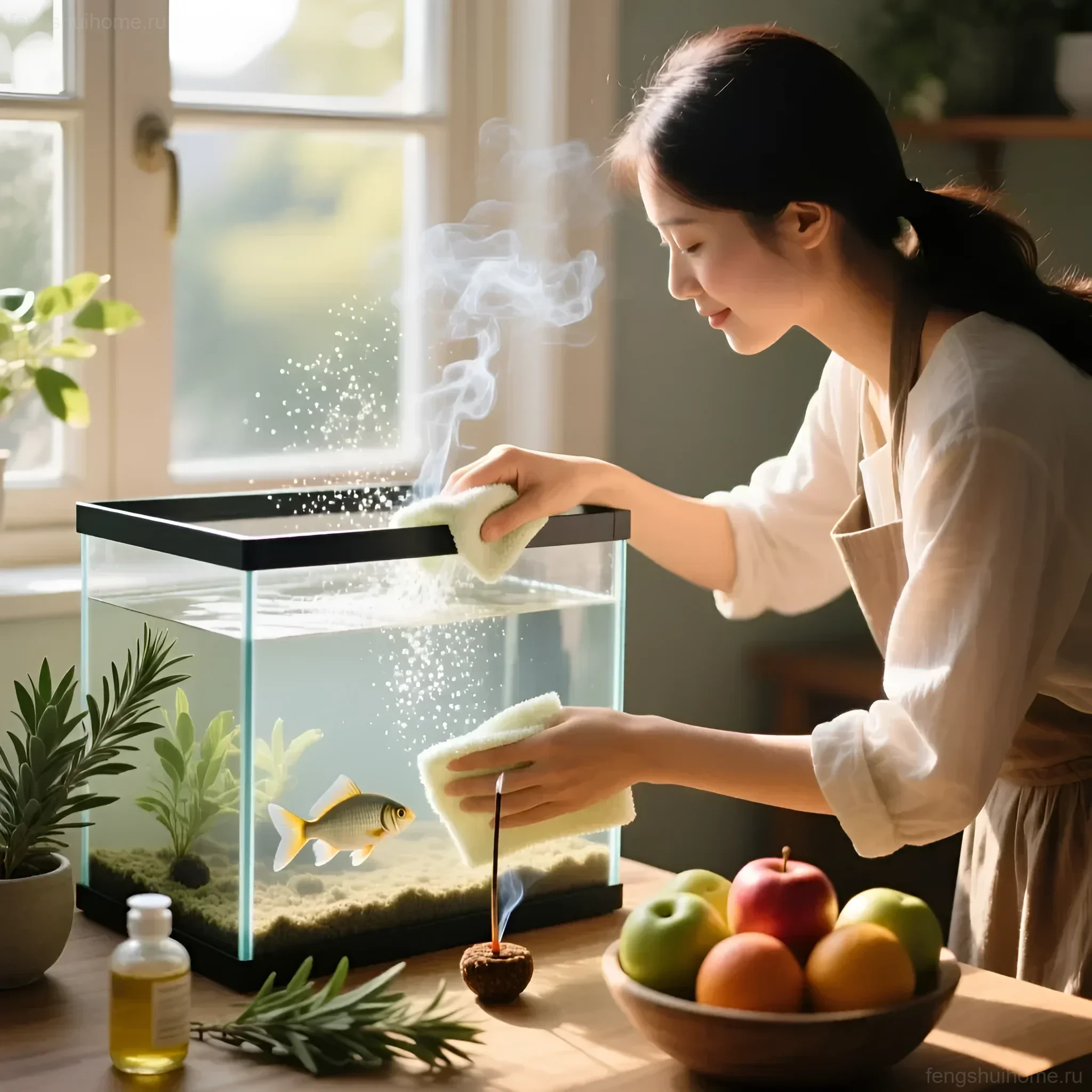 Женщина очищает аквариум с золотой рыбкой, используя благовония и фрукты для восстановления энергетического баланса в доме.