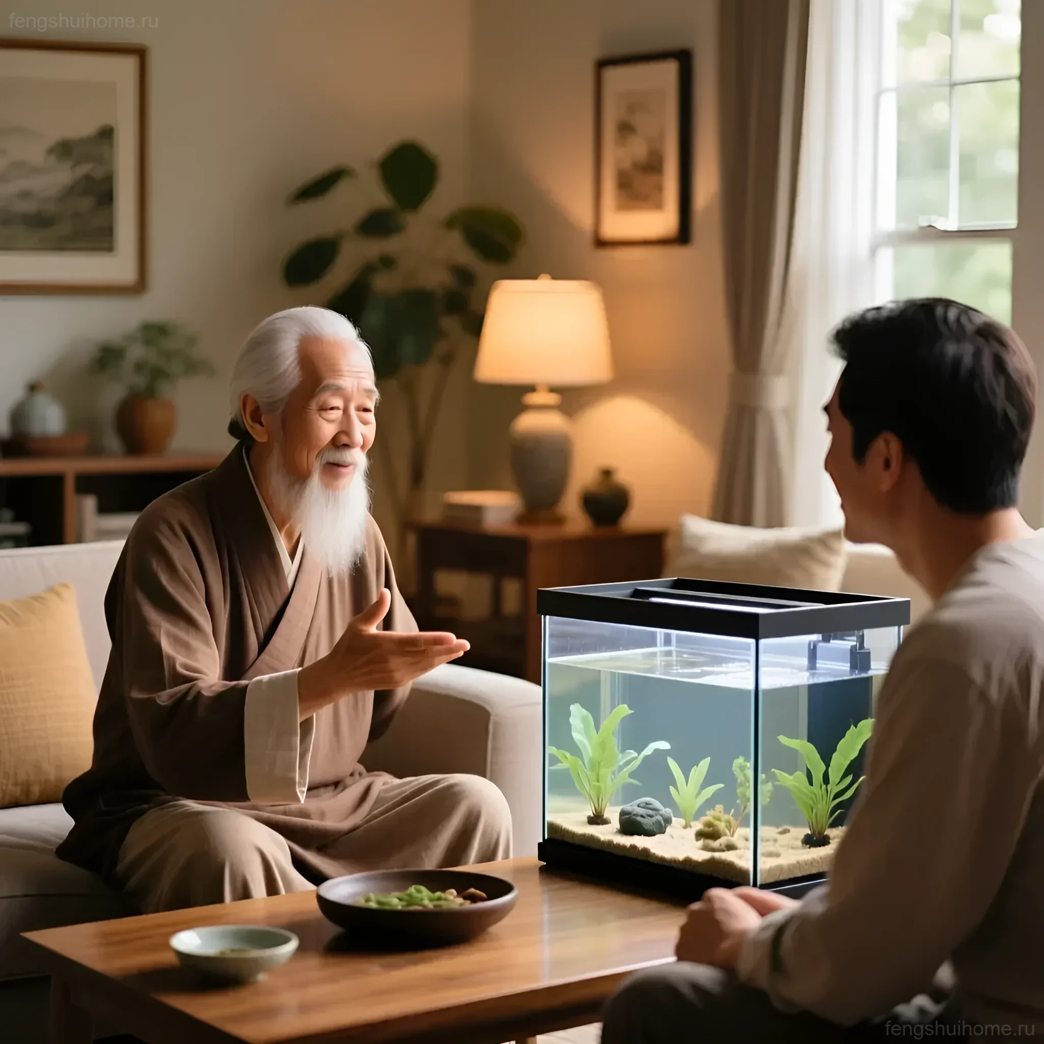 Мудрый наставник объясняет молодому человеку значение ухода рыбки в аквариуме с точки зрения фэн-шуй в светлой гостиной.