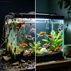 Контраст между запущенным и ухоженным аквариумом: визуализация влияния энергии застоя и обновления на домашнюю атмосферу.