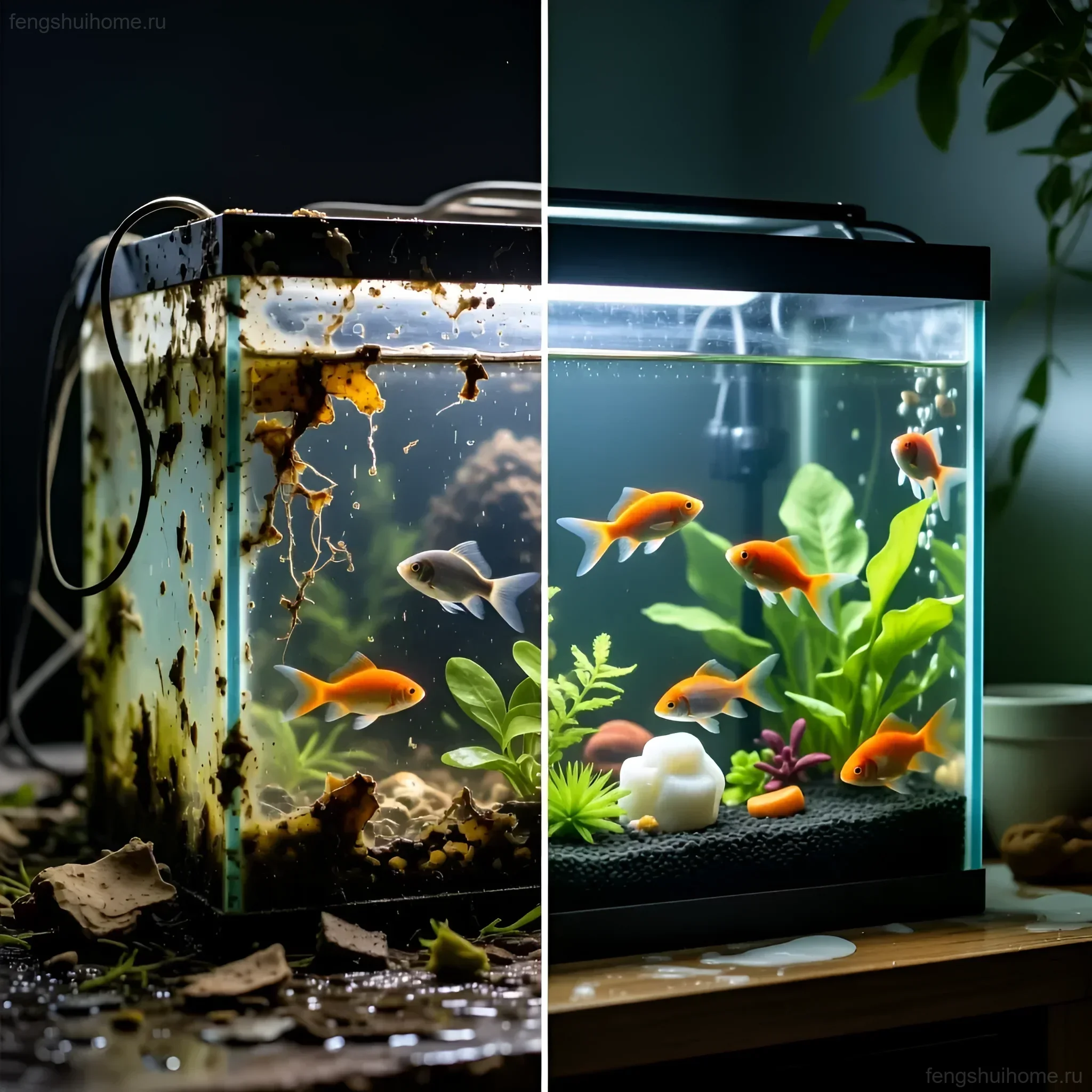 Контраст между запущенным и ухоженным аквариумом: визуализация влияния энергии застоя и обновления на домашнюю атмосферу.