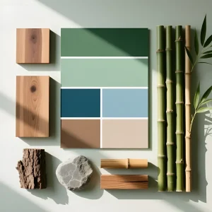Природная палитра для фэн-шуй: оттенки зеленого, синего, коричневого, текстуры дерева и камня, бамбук.
