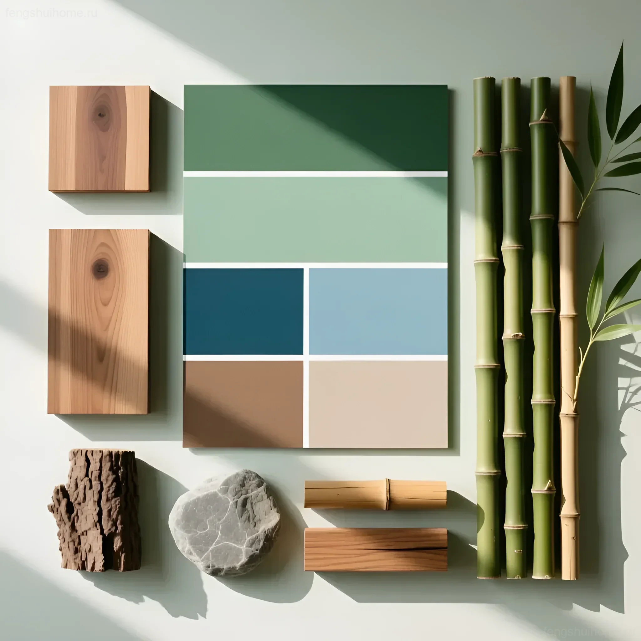 Природная палитра для фэн-шуй: оттенки зеленого, синего, коричневого, текстуры дерева и камня, бамбук.