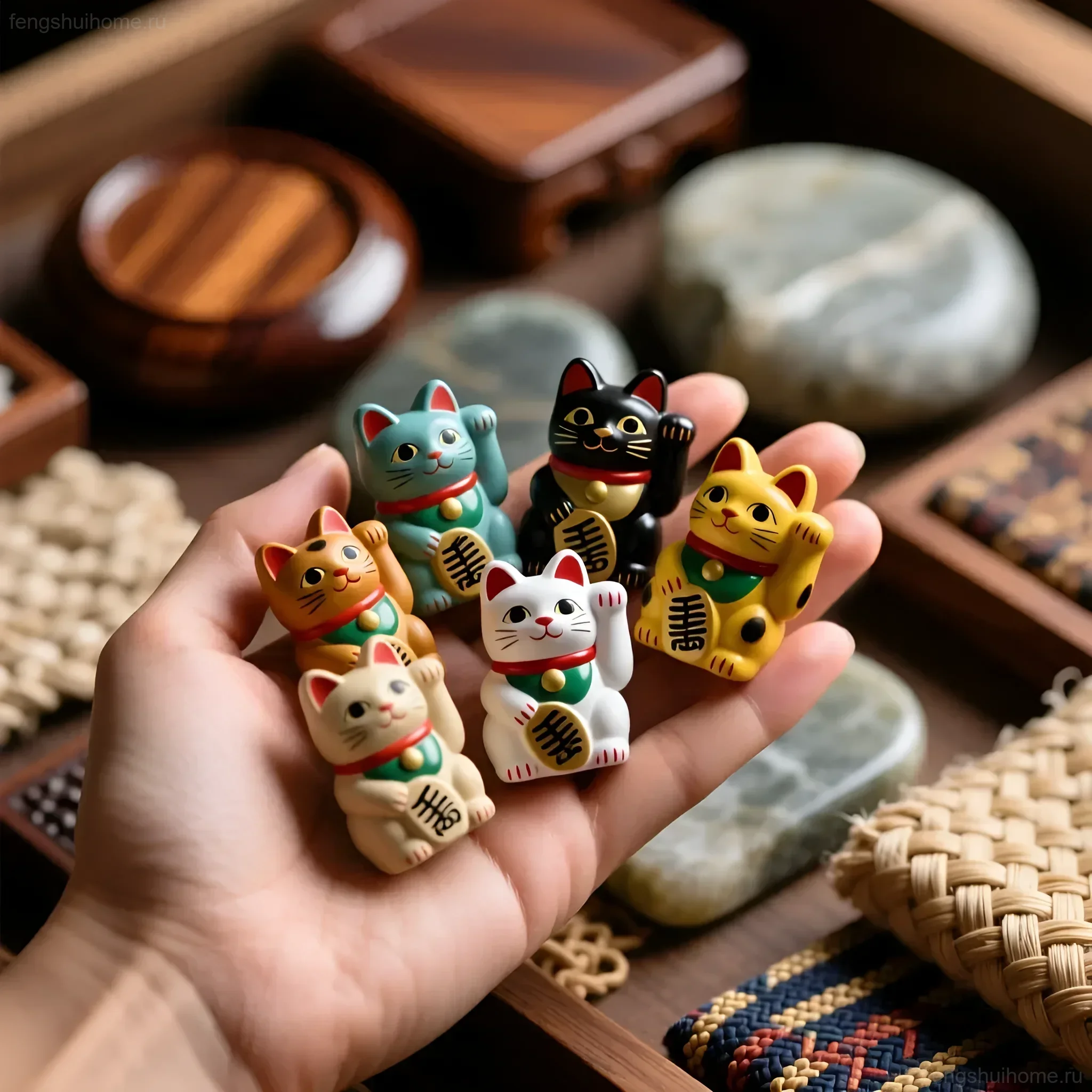 Рука держит коллекцию разноцветных фигурок кошек-талисманов с поднятой лапкой и монеткой.