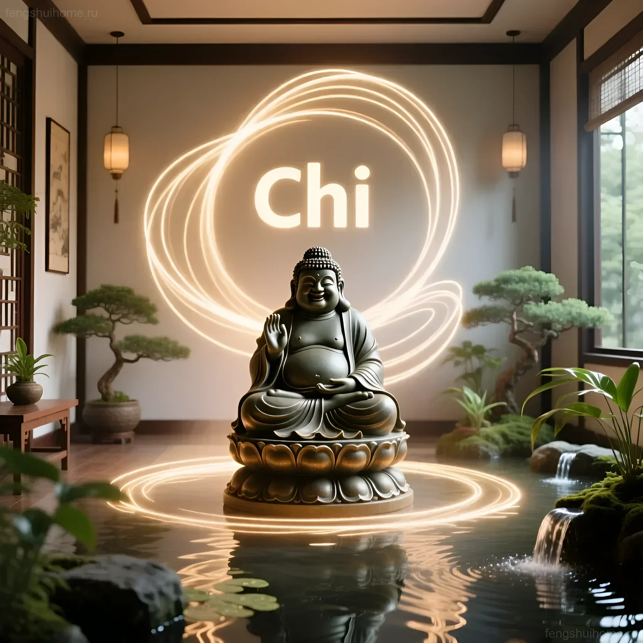 Статуэтка Хотея, излучающая энергию Ци, установлена в центре композиции с водоемом и бонсай, символизируя процветание и гармонию.