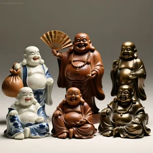 Разнообразие статуэток Хотея из дерева, керамики и металла, символизирующих богатство и благополучие.