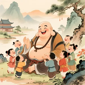 Иллюстрация Хотея, окруженного детьми, в традиционном китайском стиле, символизирующая счастье, достаток и беззаботность.