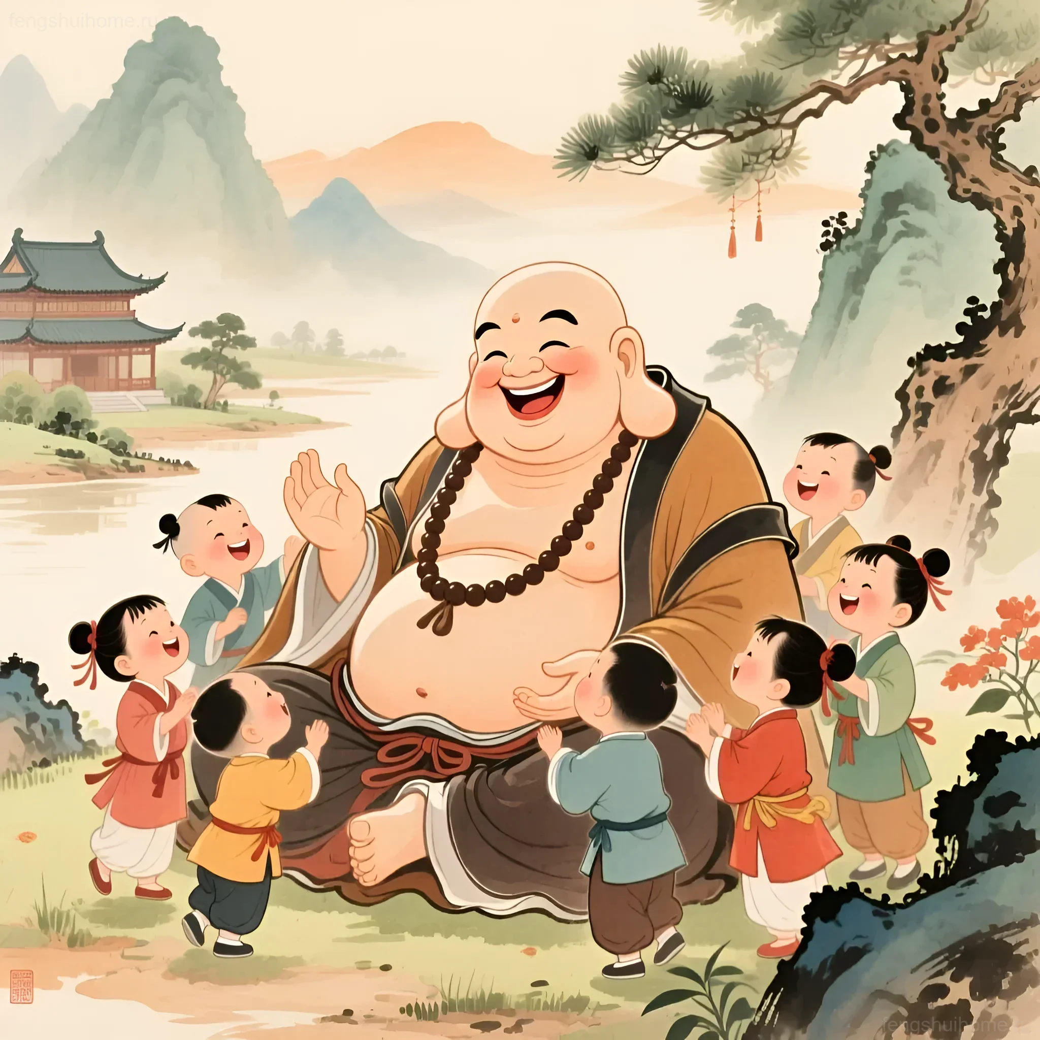 Иллюстрация Хотея, окруженного детьми, в традиционном китайском стиле, символизирующая счастье, достаток и беззаботность.