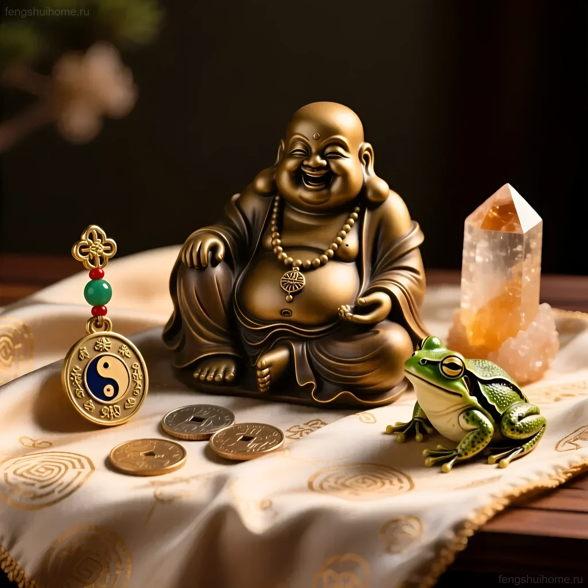 Статуэтка Смеющегося Будды (Хотея) из бронзы на фоне золотых монет, талисмана и кристалла, символизирующая достаток и радость.