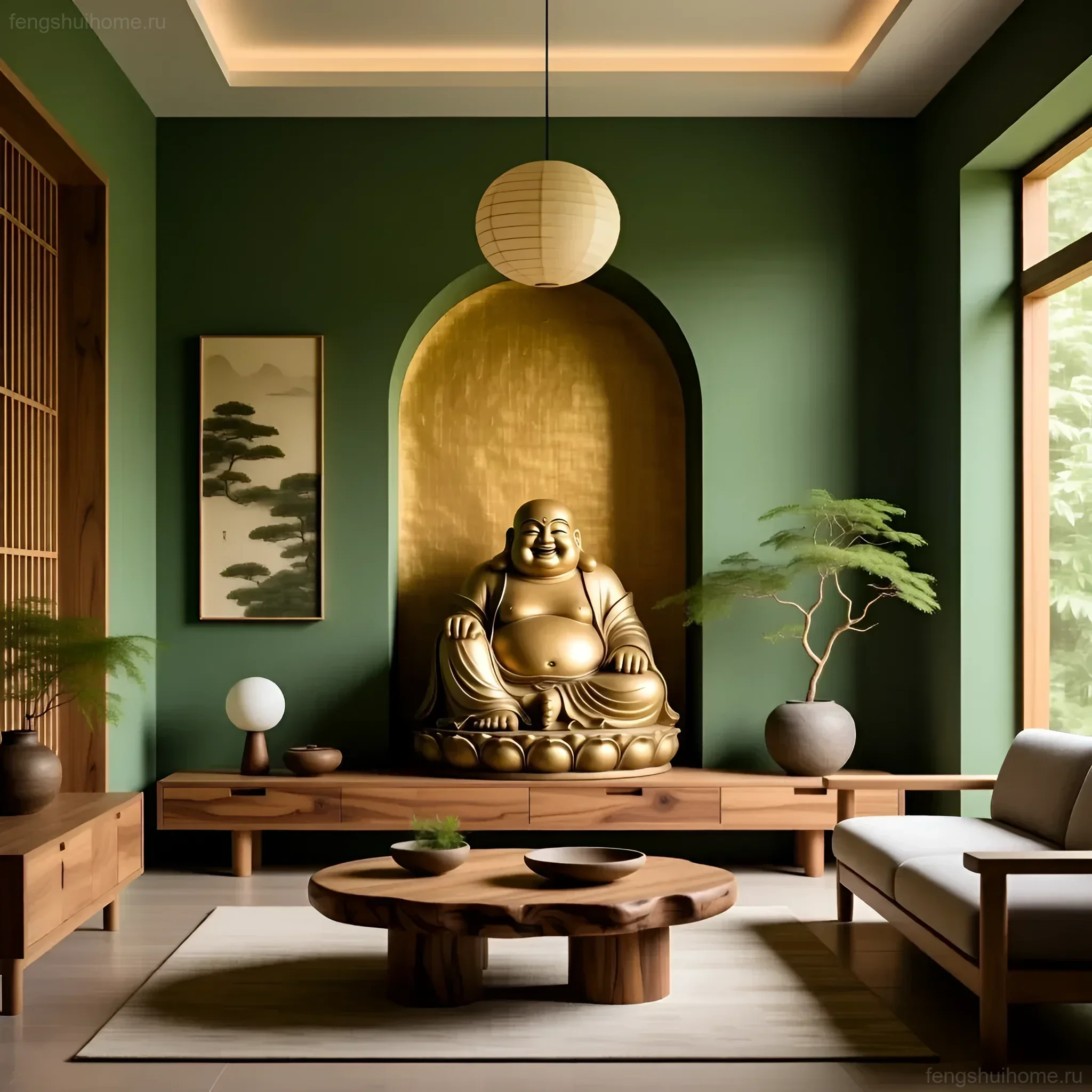 Интерьер в стиле дзен с золотой статуей Хотея в нише, окруженный зеленью и деревянной мебелью.