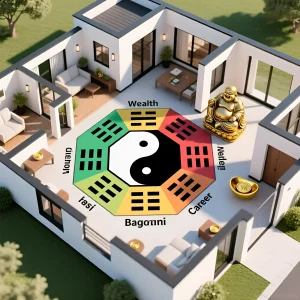 Схема квартиры с наложенной сеткой Багуа и статуэткой Хотея в зоне богатства, визуализация фэн-шуй