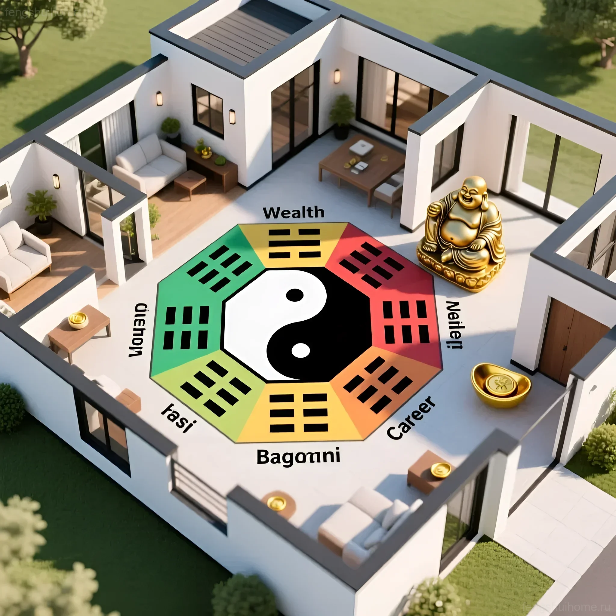 Схема квартиры с наложенной сеткой Багуа и статуэткой Хотея в зоне богатства, визуализация фэн-шуй
