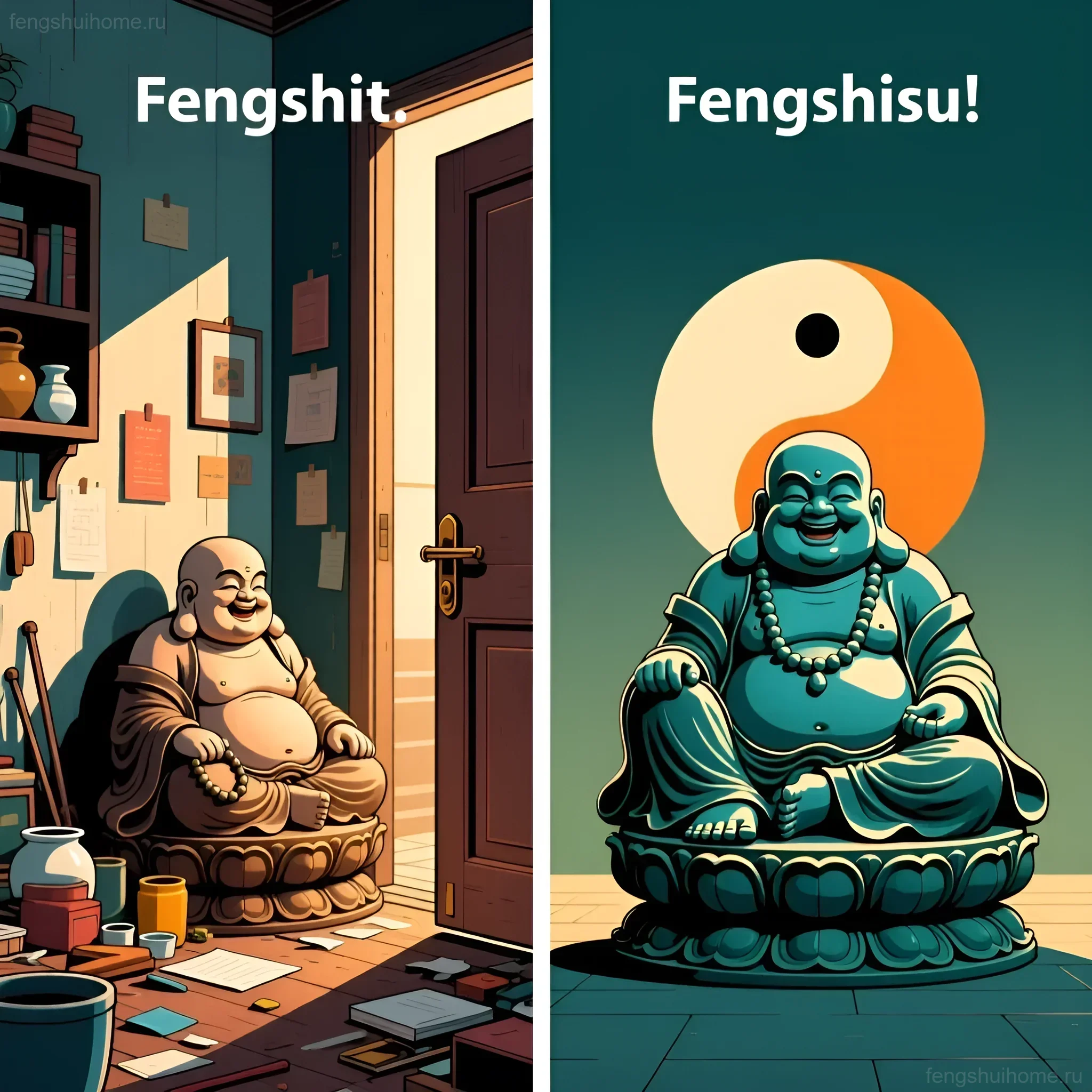 Сравнение неудачного и удачного размещения статуэтки Хотея в интерьере с точки зрения фэн-шуй.