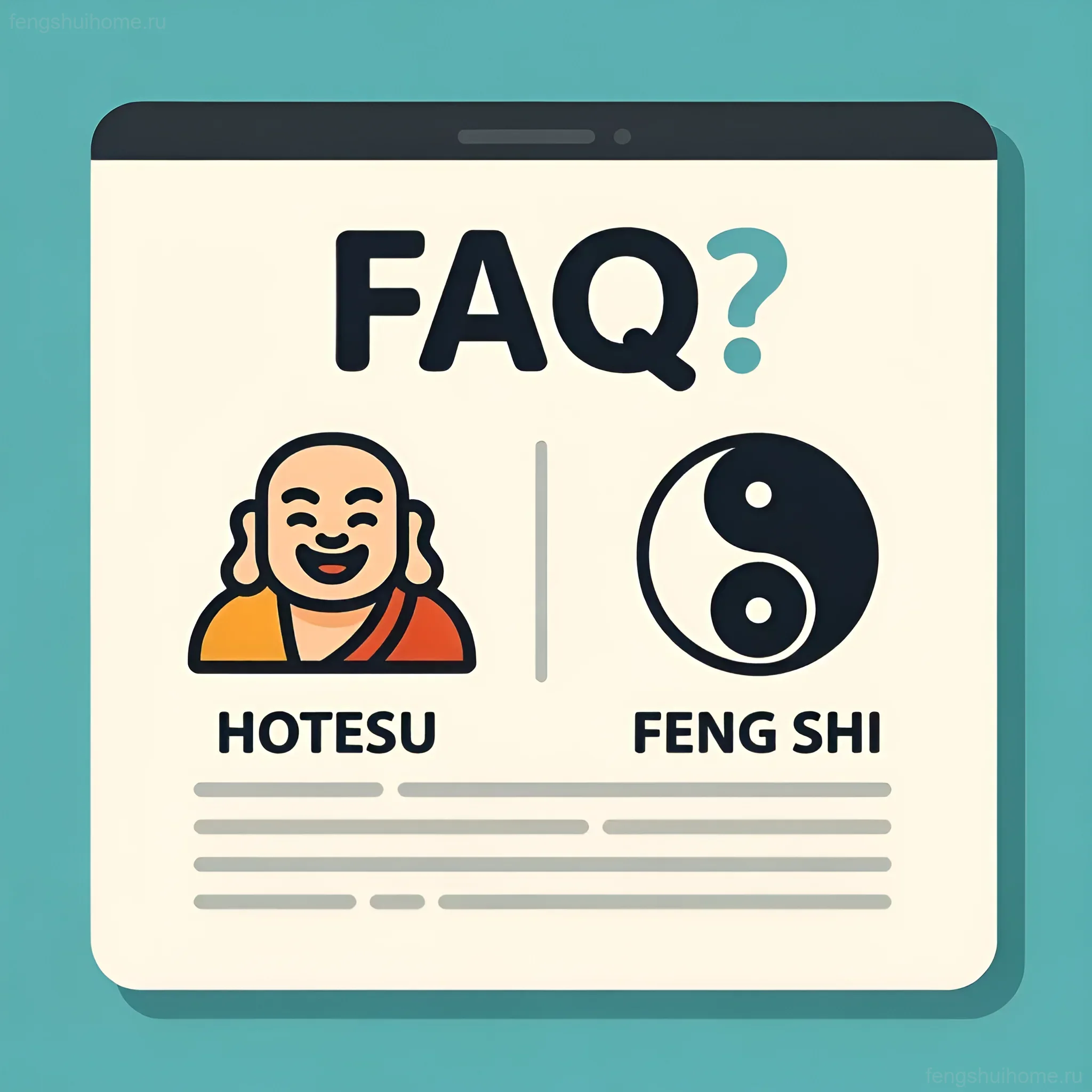 Иллюстрация: Экран смартфона с надписью FAQ, изображением Хотея и символом Инь-Ян, символизирующими вопросы и ответы о фэн-шуй и Смеющемся Будде.